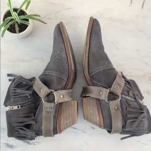 All Saints fringe suede boots with buckle.